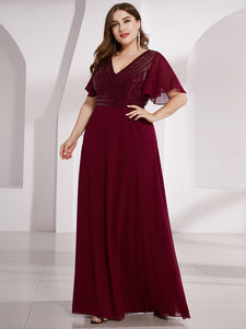 Color=Burgundy | Long Empire Waist Chiffon Evening Dress With Sequin-Burgundy 6