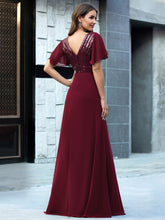 Load image into Gallery viewer, Color=Burgundy | Long Empire Waist Chiffon Evening Dress With Sequin-Burgundy 2