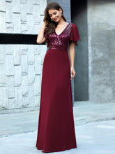 Load image into Gallery viewer, Color=Burgundy | Long Empire Waist Chiffon Evening Dress With Sequin-Burgundy 3