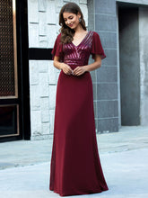 Load image into Gallery viewer, Color=Burgundy | Long Empire Waist Chiffon Evening Dress With Sequin-Burgundy 4