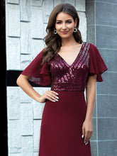 Load image into Gallery viewer, Color=Burgundy | Long Empire Waist Chiffon Evening Dress With Sequin-Burgundy 5