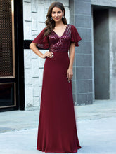 Load image into Gallery viewer, Color=Burgundy | Long Empire Waist Chiffon Evening Dress With Sequin-Burgundy 1