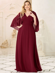 Color=Burgundy | Elegant Plus Size Floor Length Bridesmaid Dresses With Wraps-Burgundy 1