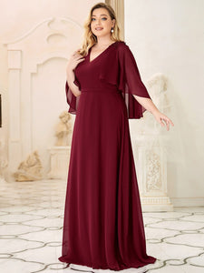 Color=Burgundy | Elegant Plus Size Floor Length Bridesmaid Dresses With Wraps-Burgundy 3