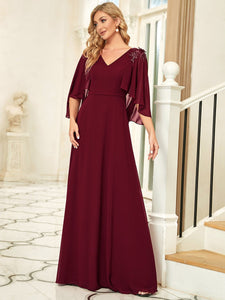 Color=Burgundy | Elegant V Neck Flowy Chiffon Bridesmaid Dresses With Wraps-Burgundy 3