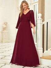 Load image into Gallery viewer, Color=Burgundy | Elegant V Neck Flowy Chiffon Bridesmaid Dresses With Wraps-Burgundy 4