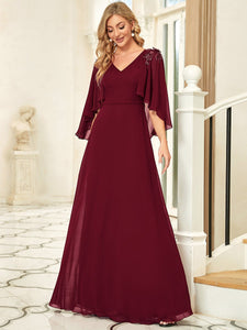 Color=Burgundy | Elegant V Neck Flowy Chiffon Bridesmaid Dresses With Wraps-Burgundy 4