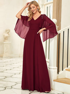 Color=Burgundy | Elegant V Neck Flowy Chiffon Bridesmaid Dresses With Wraps-Burgundy 1