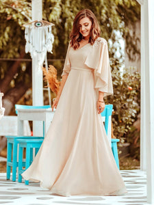 Color=Blush | Elegant V Neck Flowy Chiffon Bridesmaid Dresses With Wraps-Blush 1