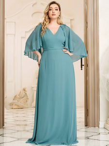 Color=Dusty blue | Elegant Plus Size Floor Length Bridesmaid Dresses With Wraps-Dusty blue 4