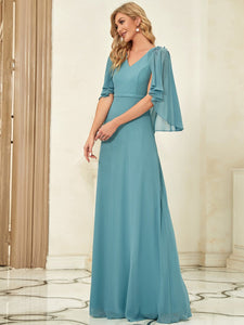 Color=Dusty blue | Elegant V Neck Flowy Chiffon Bridesmaid Dresses With Wraps-Dusty blue 3