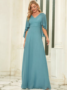 Color=Dusty blue | Elegant V Neck Flowy Chiffon Bridesmaid Dresses With Wraps-Dusty blue 4