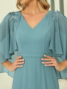 Color=Dusty blue | Elegant V Neck Flowy Chiffon Bridesmaid Dresses With Wraps-Dusty blue 5