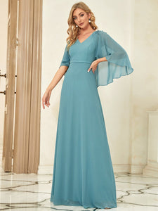 Color=Dusty blue | Elegant V Neck Flowy Chiffon Bridesmaid Dresses With Wraps-Dusty blue 1