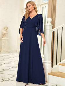 Color=Navy Blue | Elegant V Neck Flowy Chiffon Bridesmaid Dresses With Wraps-Navy Blue 3