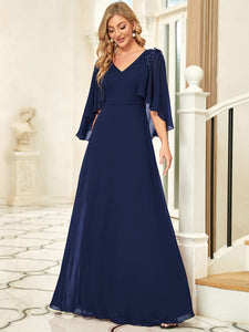 Color=Navy Blue | Elegant V Neck Flowy Chiffon Bridesmaid Dresses With Wraps-Navy Blue 4