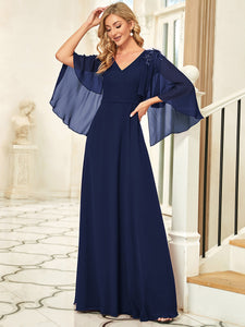 Color=Navy Blue | Elegant V Neck Flowy Chiffon Bridesmaid Dresses With Wraps-Navy Blue 1