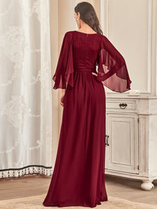 Color=Burgundy | Women'S Wholesale Deep V Neck Plus Size Evening Dress With Lace-Burgundy 2