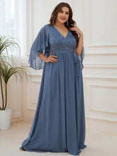 Load image into Gallery viewer, Color=Dusty Navy | Women&#39;S Wholesale Deep V Neck Plus Size Evening Dress With Lace-Dusty Navy 3