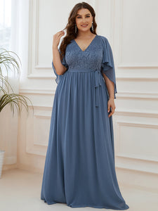 Color=Dusty Navy | Women'S Wholesale Deep V Neck Plus Size Evening Dress With Lace-Dusty Navy 4