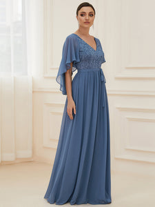 Color=Dusty Navy | Women'S Wholesale Deep V Neck Plus Size Evening Dress With Lace-Dusty Navy 3