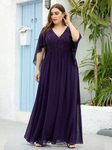 Color=Dark Purple | Women'S Wholesale Deep V Neck Plus Size Evening Dress With Lace-Dark Purple 3