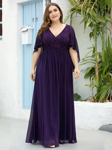 Color=Dark Purple | Women'S Wholesale Deep V Neck Plus Size Evening Dress With Lace-Dark Purple 1