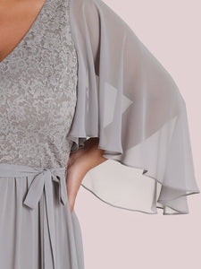 Color=Grey | Women'S Wholesale Deep V Neck Plus Size Evening Dress With Lace-Grey 5