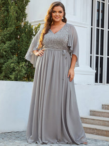 Color=Grey | Women'S Wholesale Deep V Neck Plus Size Evening Dress With Lace-Grey 1