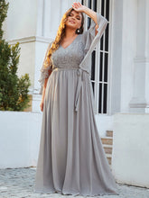 Load image into Gallery viewer, Color=Grey | Women&#39;S Wholesale Deep V Neck Plus Size Evening Dress With Lace-Grey 4