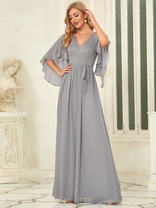 Color=Grey | Women'S Wholesale Deep V Neck Plus Size Evening Dress With Lace-Grey 3