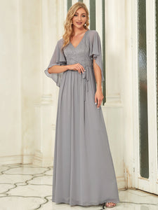Color=Grey | Women'S Wholesale Deep V Neck Plus Size Evening Dress With Lace-Grey 4