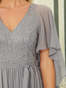 Color=Grey | Women'S Wholesale Deep V Neck Plus Size Evening Dress With Lace-Grey 5