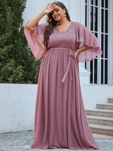Load image into Gallery viewer, Color=Orchid | Women&#39;S Wholesale Deep V Neck Plus Size Evening Dress With Lace-Orchid 1