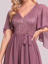 Load image into Gallery viewer, Color=Orchid | Women&#39;S Wholesale Deep V Neck Plus Size Evening Dress With Lace-Orchid 5