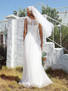Color=Cream | Plain Round Neck Sleeveless Lace & Tulle Wedding Dress-Cream 8