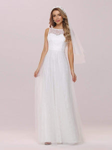 Color=Cream | Plain Round Neck Sleeveless Lace & Tulle Wedding Dress-Cream 6