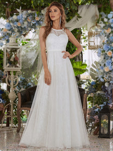 Color=Cream | Gorgeous Round Neck A-Line Lace & Tulle Wedding Dresses-Cream 10