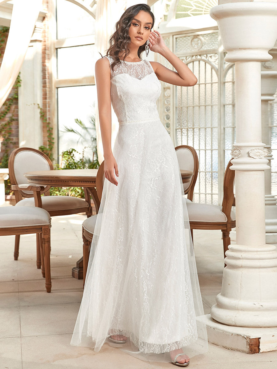 Color=Cream | Gorgeous Round Neck A-Line Lace & Tulle Wedding Dresses-Cream 12