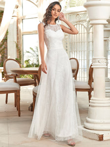 Color=Cream | Plain Round Neck Sleeveless Lace & Tulle Wedding Dress-Cream 8