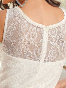 Color=Cream | Plain Round Neck Sleeveless Lace & Tulle Wedding Dress-Cream 11