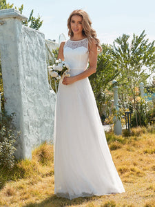 Color=Cream | Gorgeous Round Neck A-Line Lace & Tulle Wedding Dresses-Cream 6