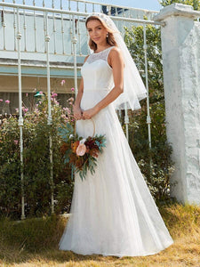 Color=Cream | Plain Round Neck Sleeveless Lace & Tulle Wedding Dress-Cream 1