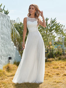Color=Cream | Gorgeous Round Neck A-Line Lace & Tulle Wedding Dresses-Cream 8
