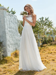 Color=Cream | Gorgeous Round Neck A-Line Lace & Tulle Wedding Dresses-Cream 9