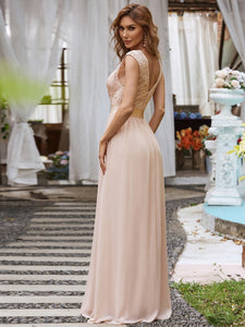 Color=Blush | Classic Round Neck V Back A-Line Chiffon Bridesmaid Dresses With Lace-Blush 2