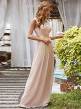 Load image into Gallery viewer, Color=Blush | Classic Round Neck V Back A-Line Chiffon Bridesmaid Dresses With Lace-Blush 4