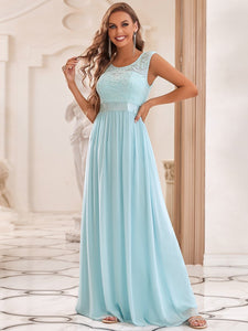 Color=Sky Blue | Classic Round Neck V Back A-Line Chiffon Bridesmaid Dresses With Lace-Sky Blue 4