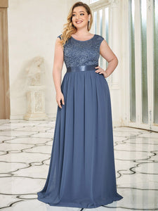 Color=Dusty Navy | Classic Round Neck V Back A-Line Chiffon Bridesmaid Dresses With Lace-Dusty Navy 1