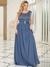 Load image into Gallery viewer, Color=Dusty Navy | Classic Round Neck V Back A-Line Chiffon Bridesmaid Dresses With Lace-Dusty Navy 2